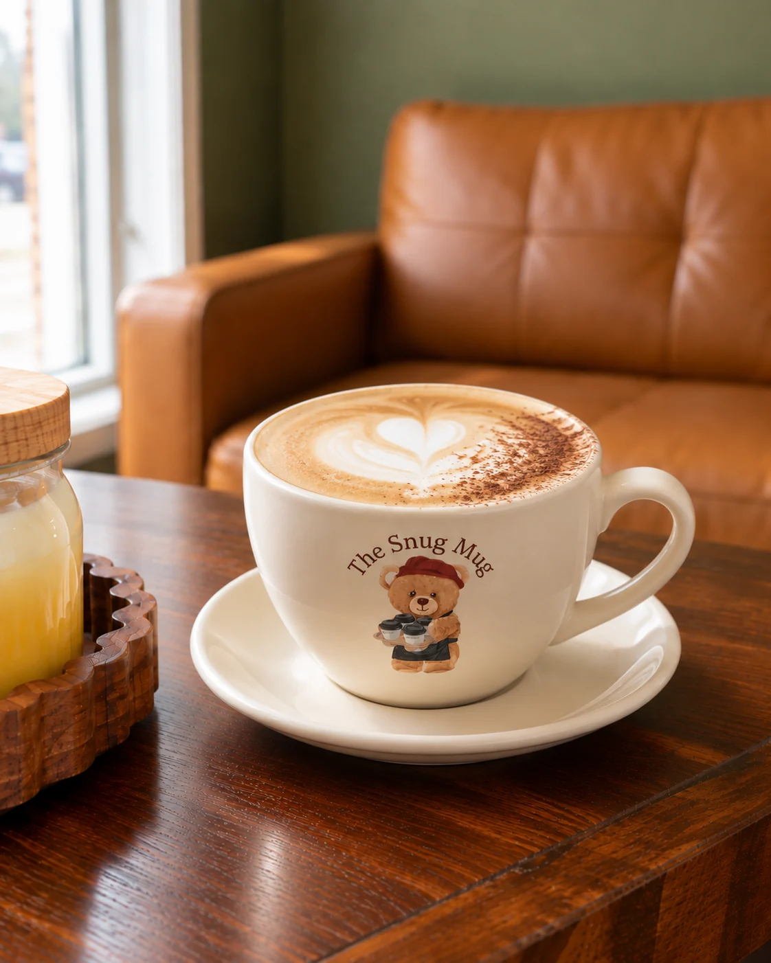 A cappuccino with heart latte art in a Snug Mug ceramic cup