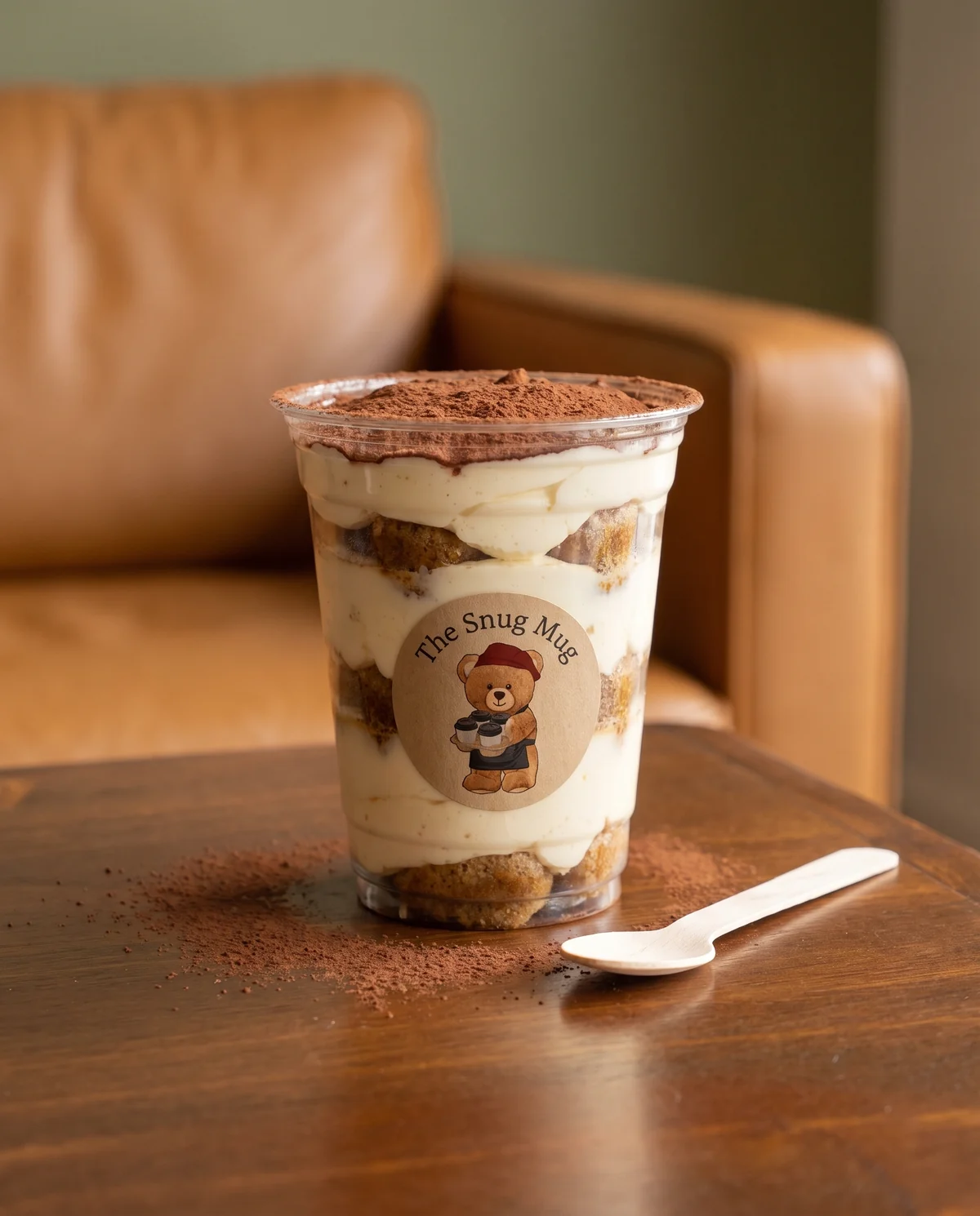 The Sweet Snuggle Tiramisu in a dessert cup with a Snug Mug label