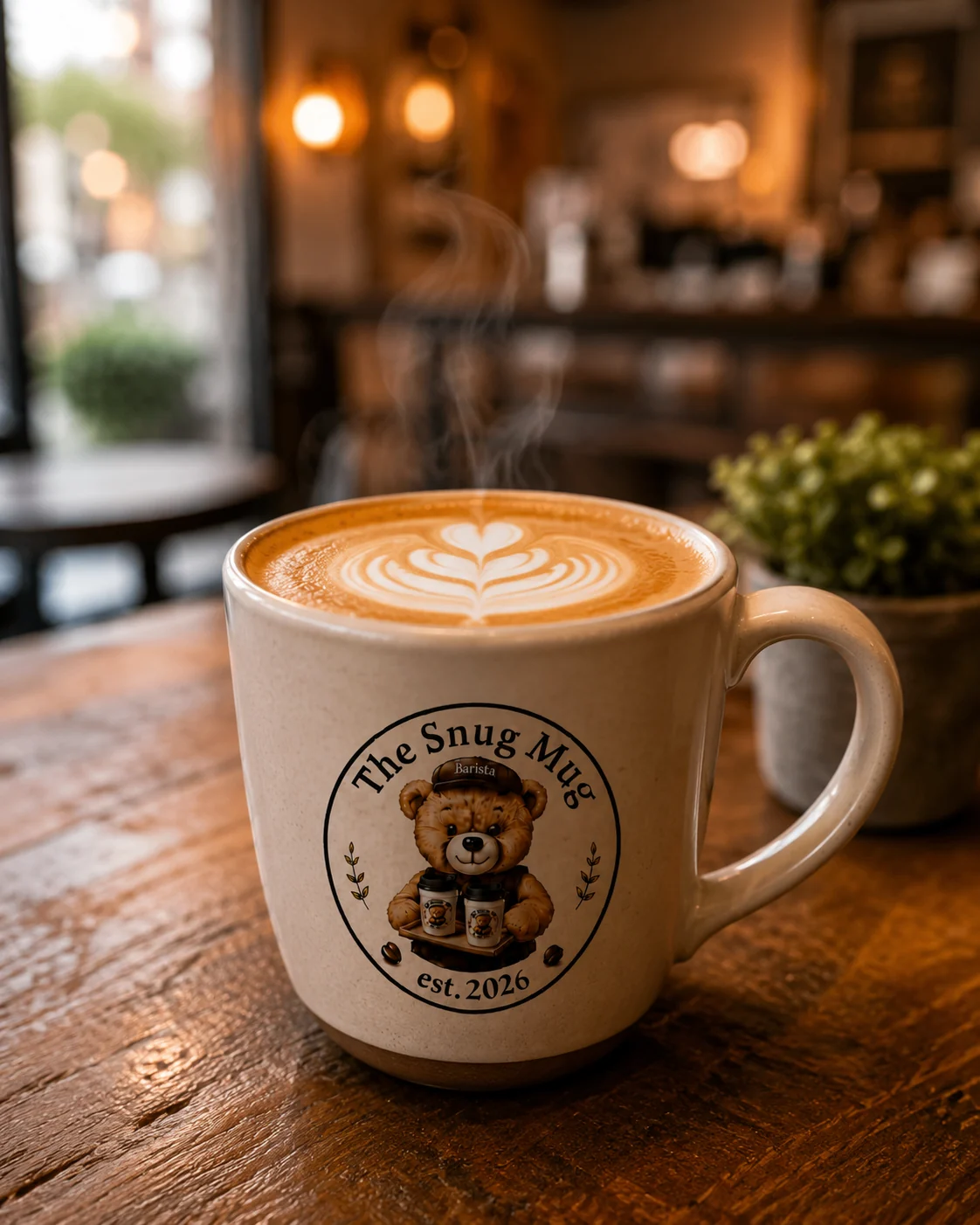 A hot latte in a ceramic mug with a poured foam heart on top