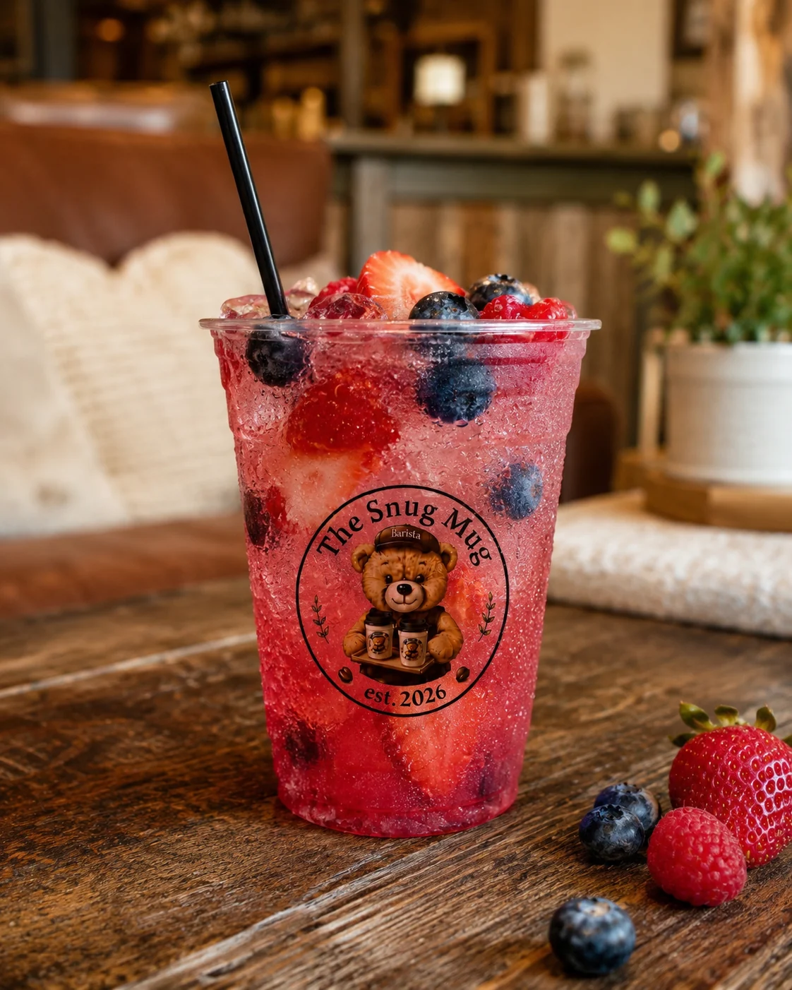A fruit refresher over ice, served cold in a clear cup
