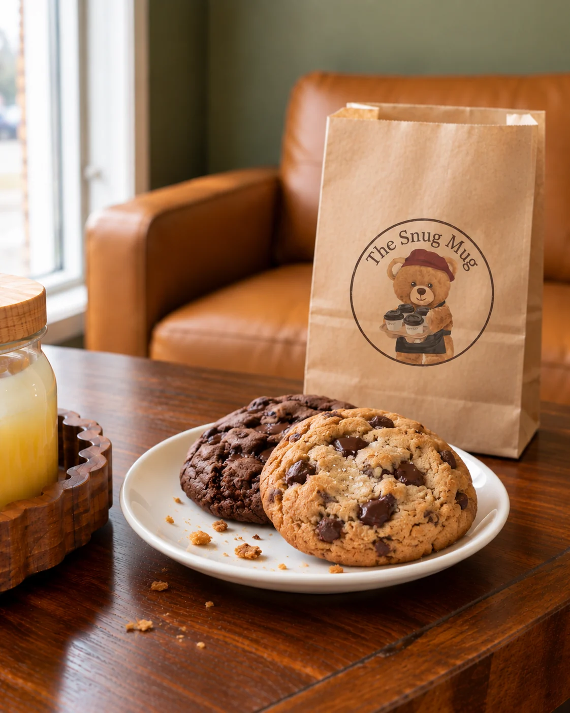 Two chunky cookies on a plate with a Snug Mug pastry bag